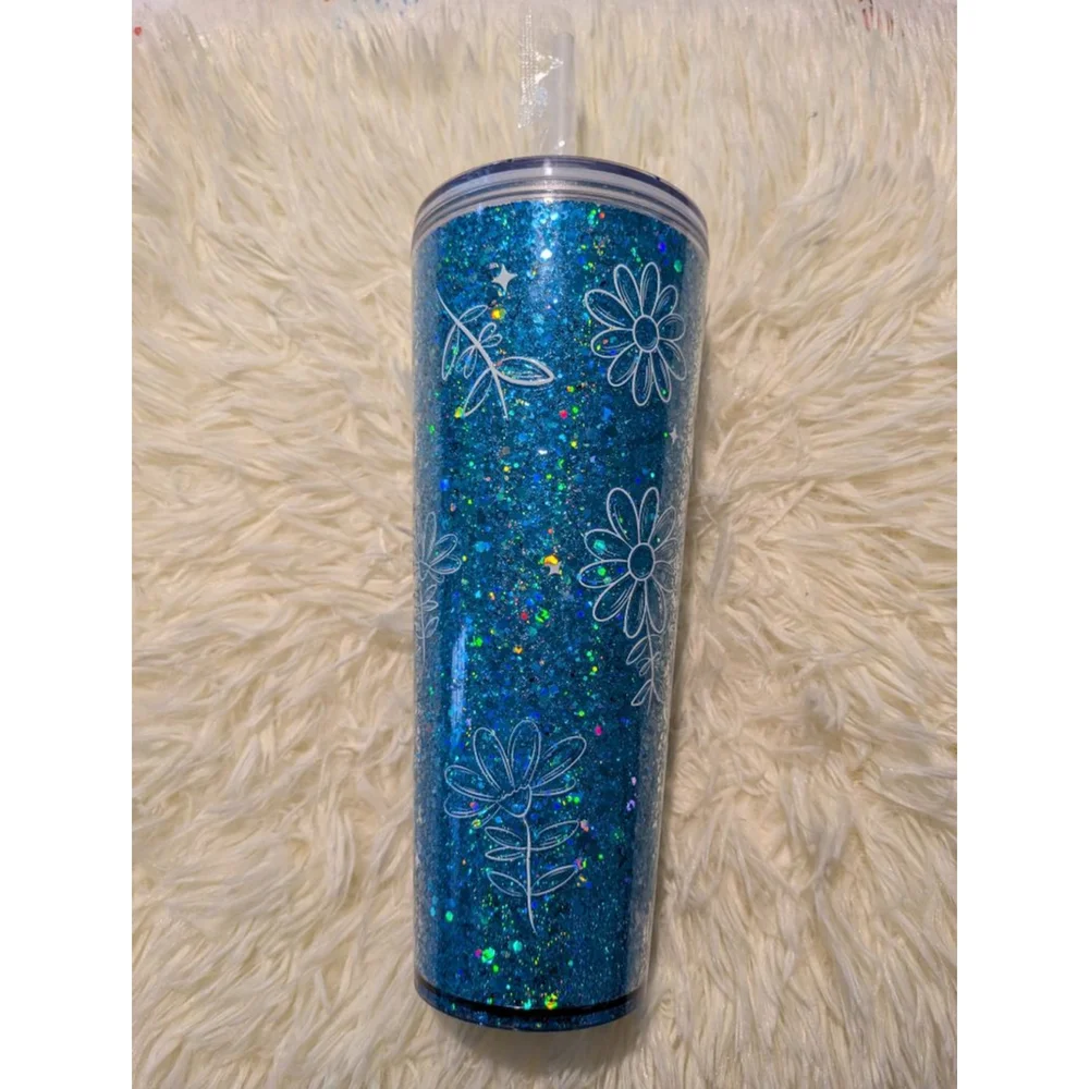 Blue Glitter Floral Tumbler One Size